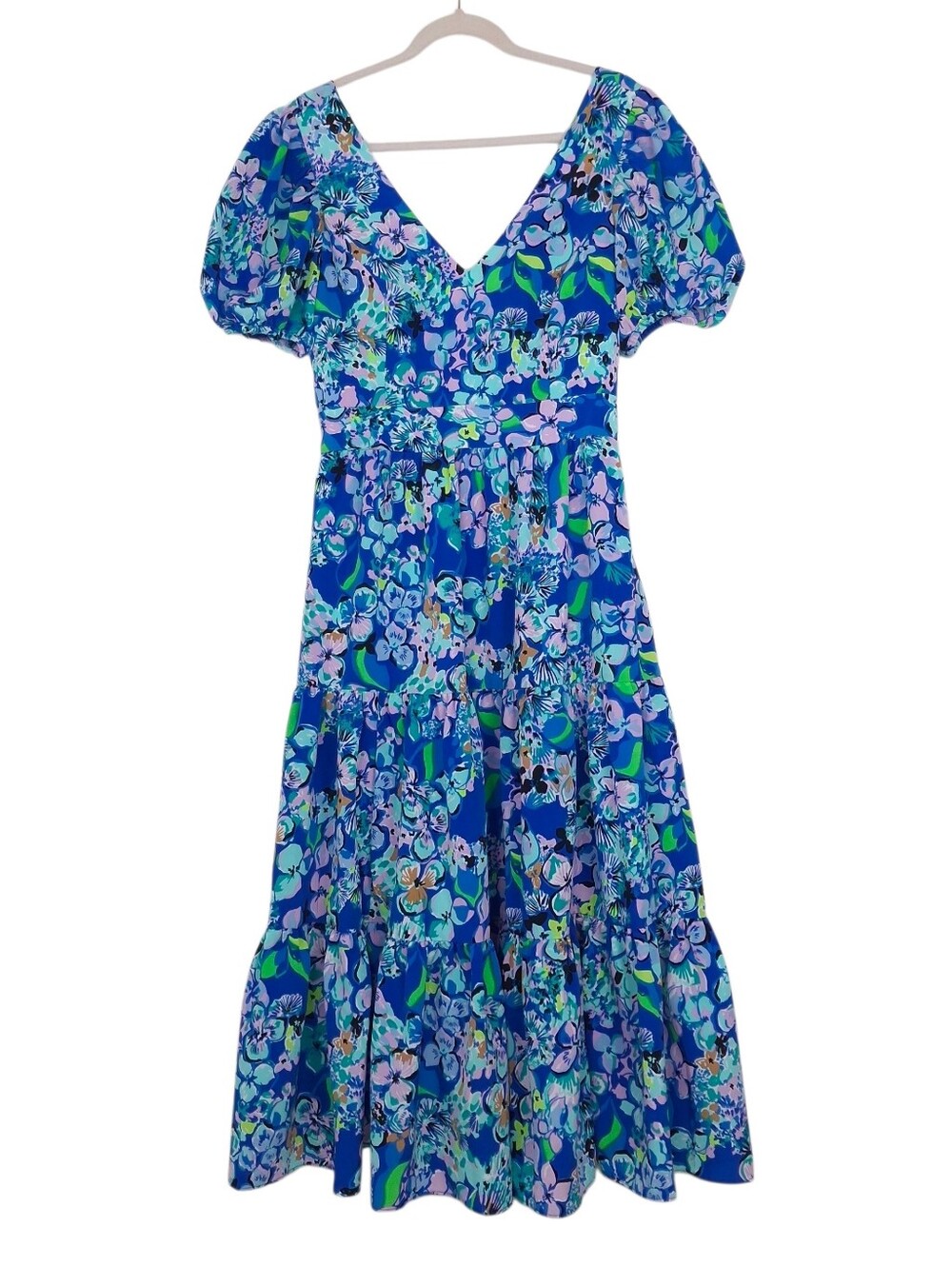 Lilly Pulitzer Grace Floral Tie Back Midi Dress preppy tiered garden party blue